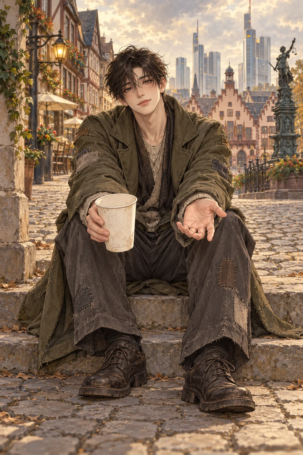 Bettelprince, a fictional adult Korean man in patched clothing, holds an empty cup and offers an open hand in an illustrated Frankfurt street.